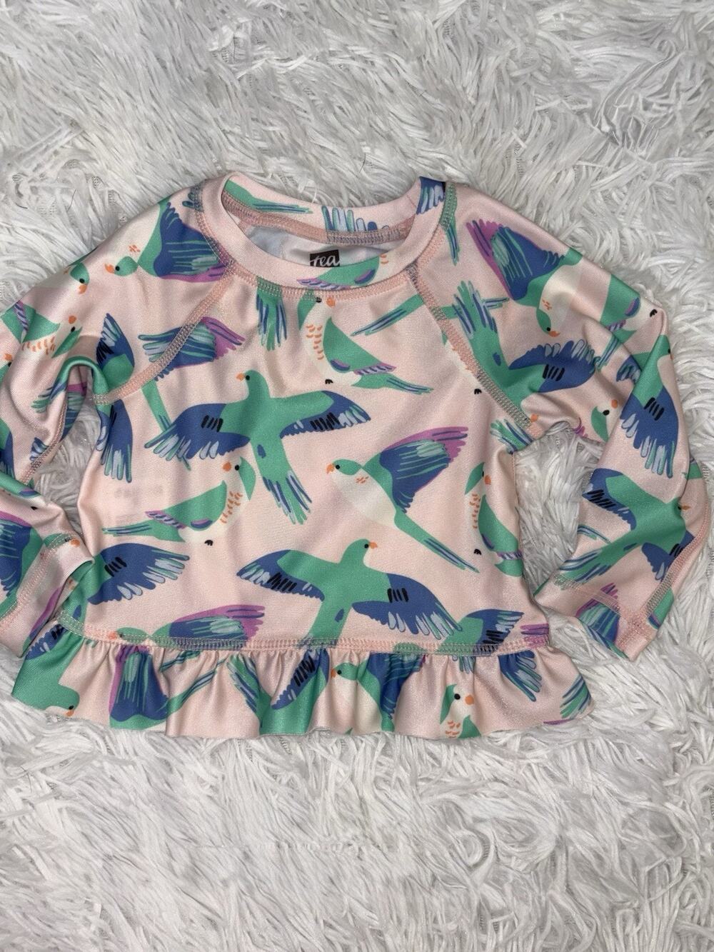 Tea Collection Girls 6/9 Month Bird Design Long Sleeved Rashguard. Exc. Cond